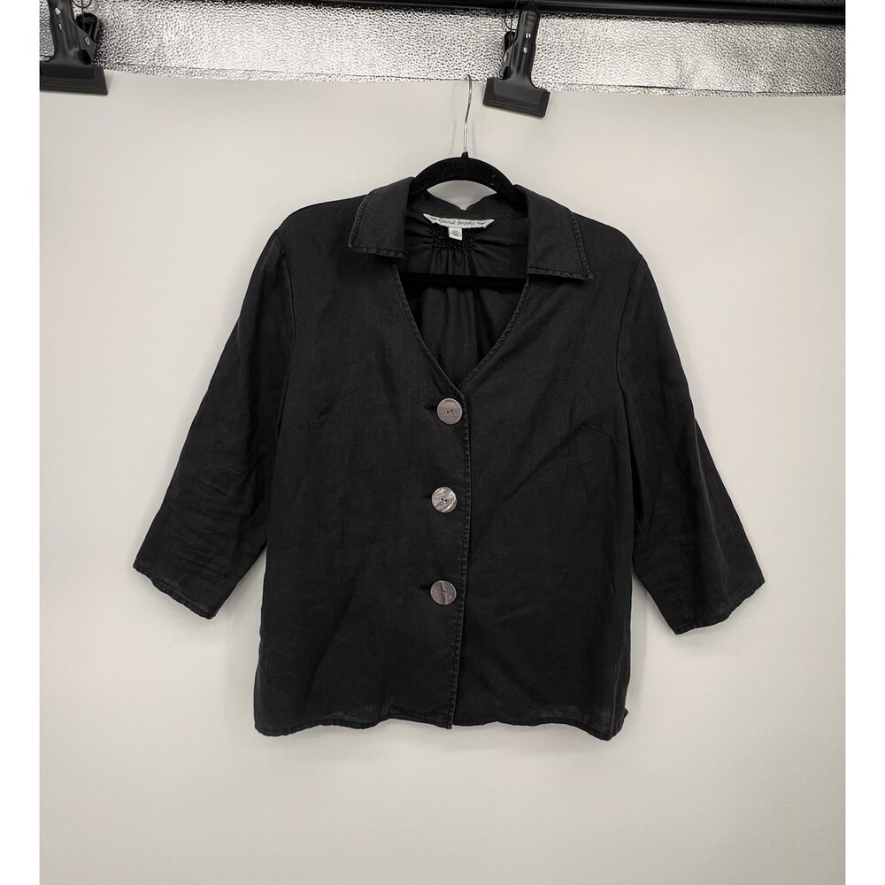 David Brooks Linen Shirt Jacket Size L Black Buttoned Short Sleeve 3/4 Sleeves